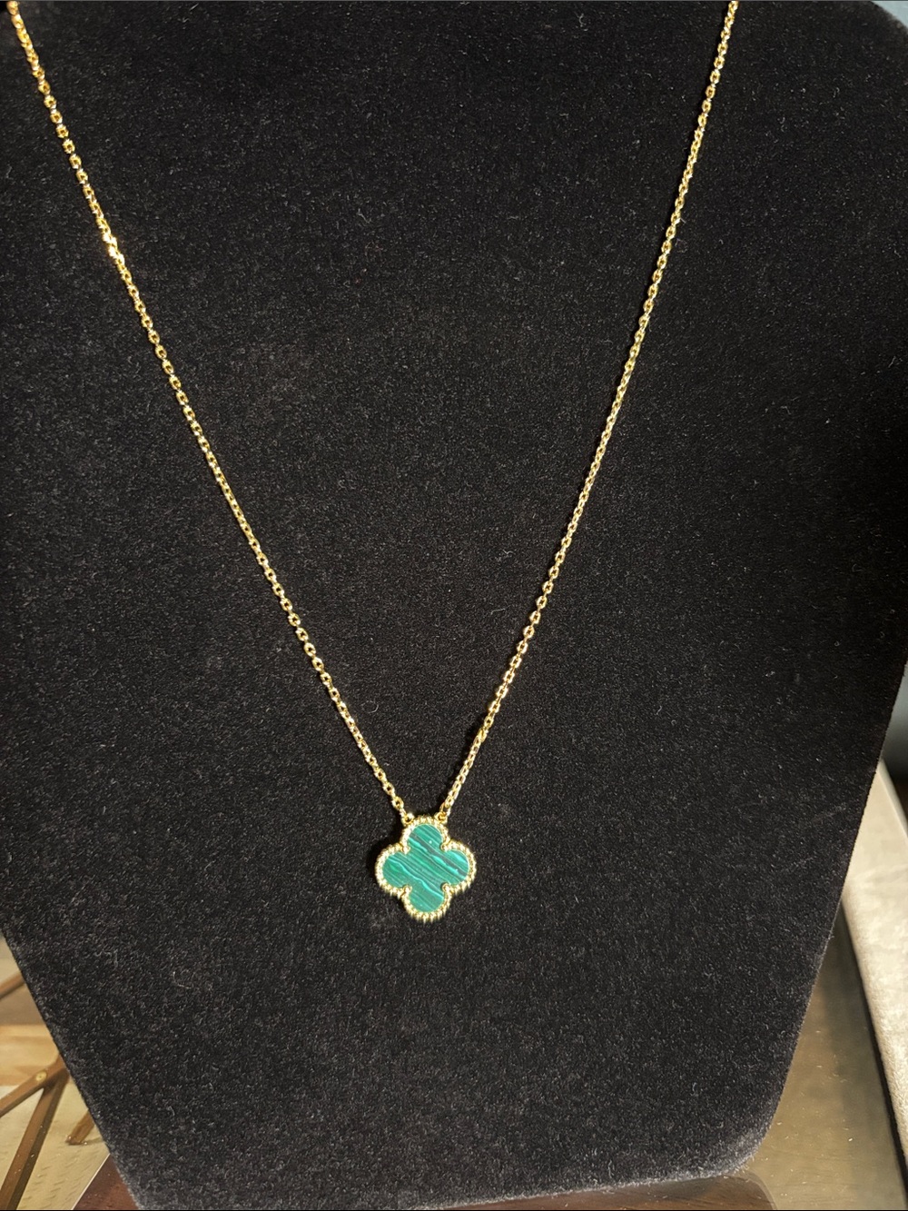 18k Gold Chain Necklace with Green Clover Pendant - Women Jewelry
